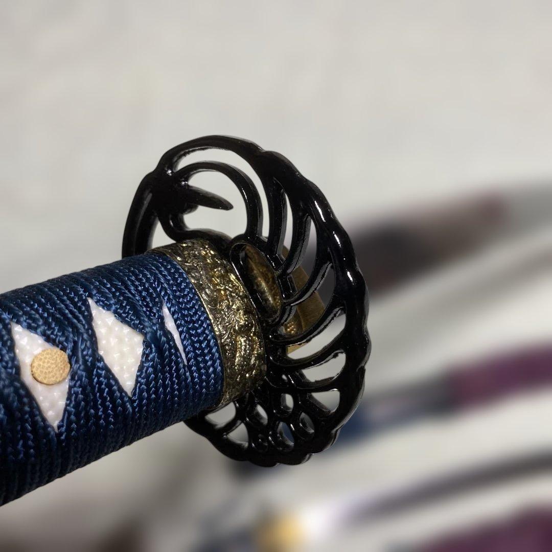 高級模造刀大小２本(刀袋付) 青柄 鶴羽透し丸鍔 黒梨地鞘