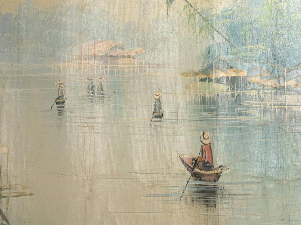 絵】 ☆ 油画 東南アジア河岸風景図 ☆ 作家物 純手描き 真作保証 西洋