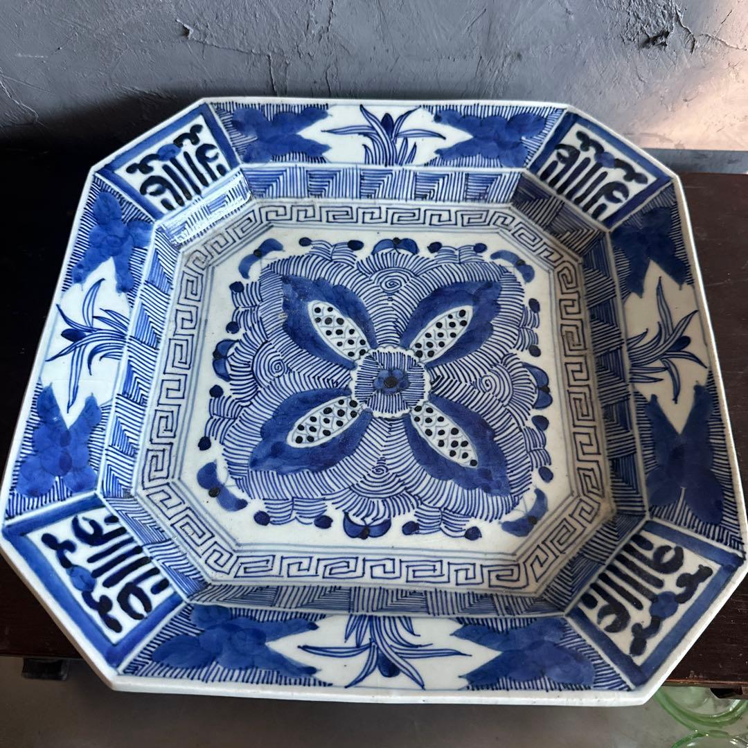 ヴィンテージ素敵すぎる青と白の八角形陶器皿