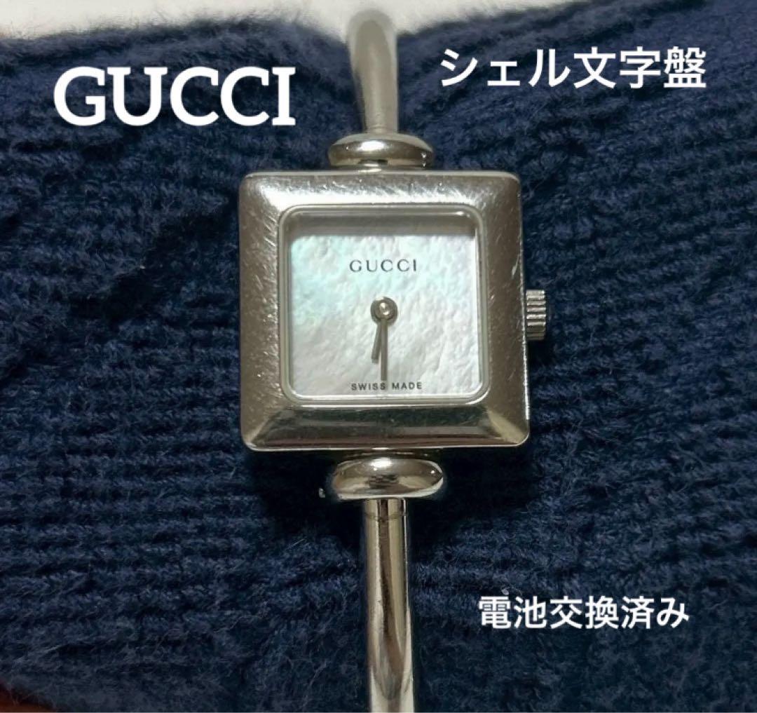 GUCCI 1900L 稼働品 シェル文字盤 レディース腕時計 バングルタイプ GUCCI グッチ 1900L スクエア バングル ウォッチ ゴールド 腕時計