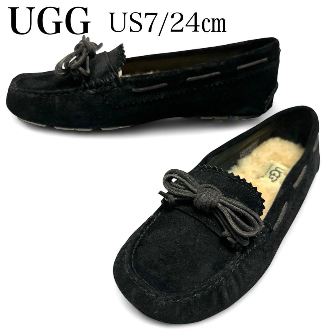 新品✨アグ 24㎝ スリッポン モカシン スエード 羊毛 ボア リボン 黒 UGG Australia（アグオーストラリア） UGG モカシン レディース アグ