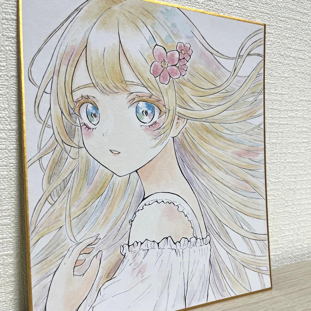 手描きイラスト オリジナル 水彩イラスト 髪のなびく少女 色紙イラスト