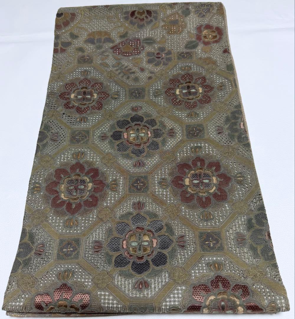 未使用品 高級 袋帯 正絹 六通柄 汕頭刺繍 蘇州刺繍 グリーン カラー芯