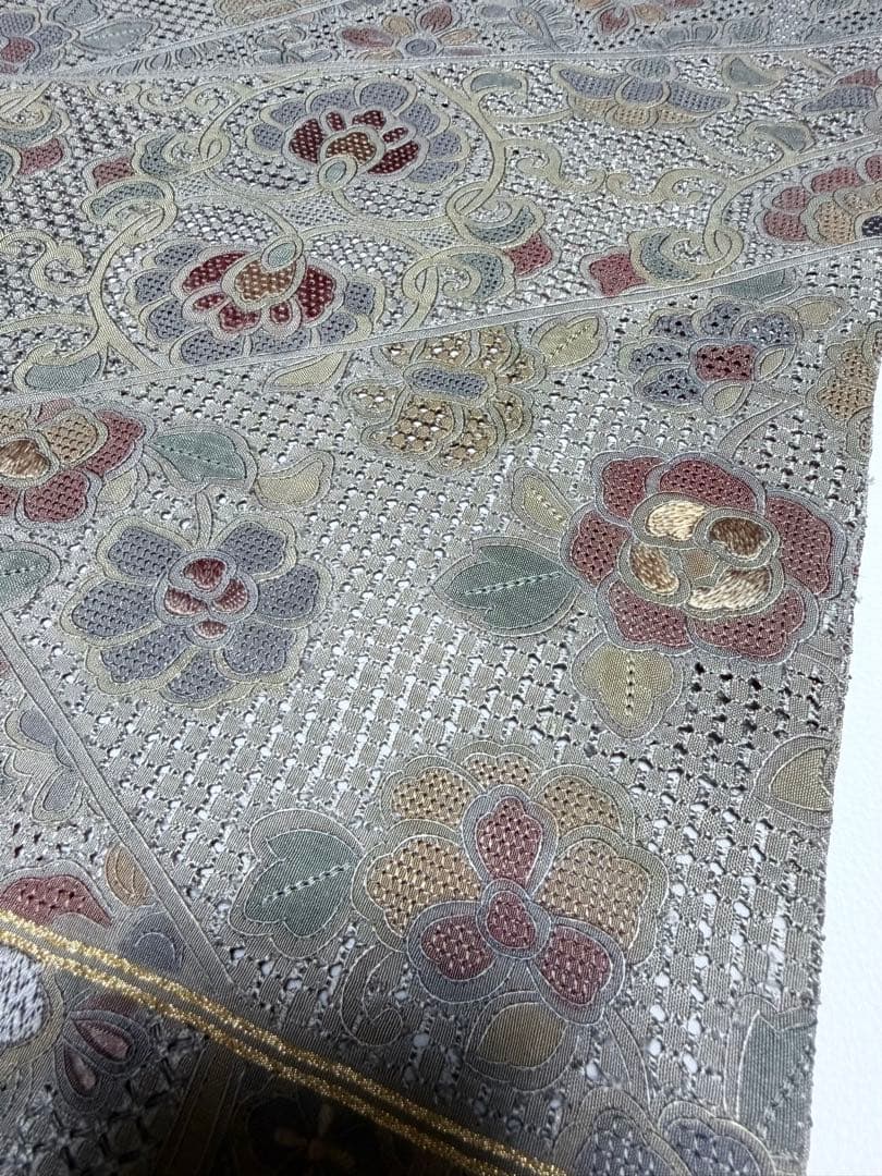 未使用品 高級 袋帯 正絹 六通柄 汕頭刺繍 蘇州刺繍 グリーン カラー芯