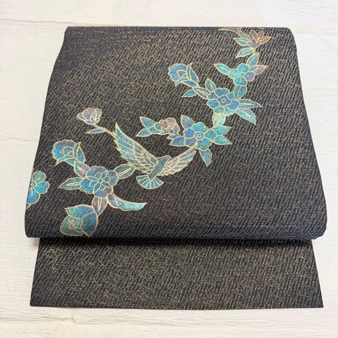 未使用 正絹 名古屋帯 作家もの 斉藤三才 花と鳥柄 単衣の訪問着付け