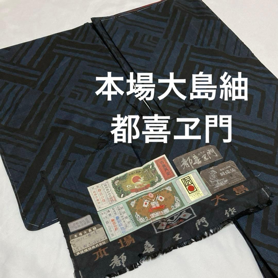 はなうさぎ　本場大島紬【都喜ヱ門】藤絹織物 純泥染 正絹 証紙付 本場大島紬 都喜ヱ門 藤絹織物 袷 着物 藤白泥 横双 ライトグレー 道長