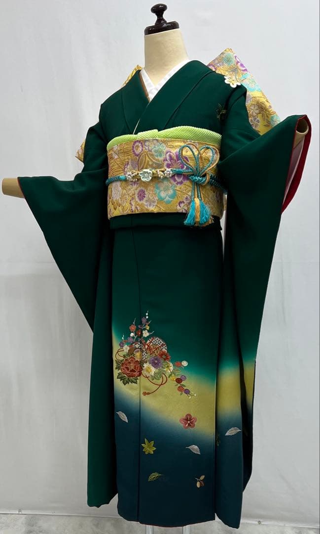 振り袖 フルセット 長襦袢付 緑 成人式 パーティー 刺繍入り 長尺袋帯
