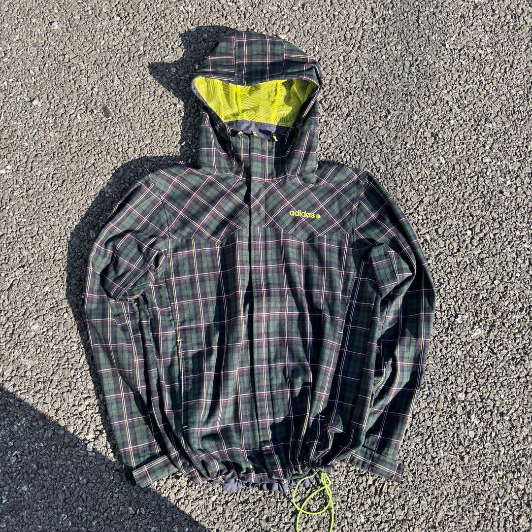 00s adidas 短丈 ジャケット y2kテック系 チェック柄 ドローコード