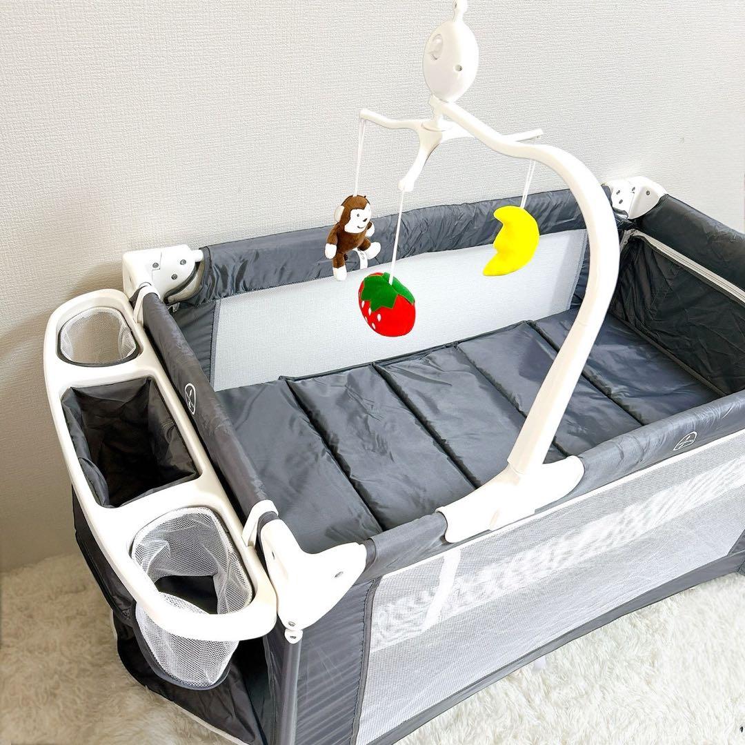 ベビーベッド 添い寝 おむつ台 折りたたみ キャスタ付き 蚊帳 ダーググレー