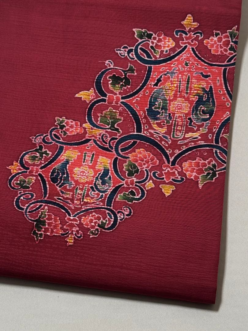 美品] 名古屋帯 正絹 紫 更紗 唐草 洒落帯 カジュアル 小紋 紬 無地