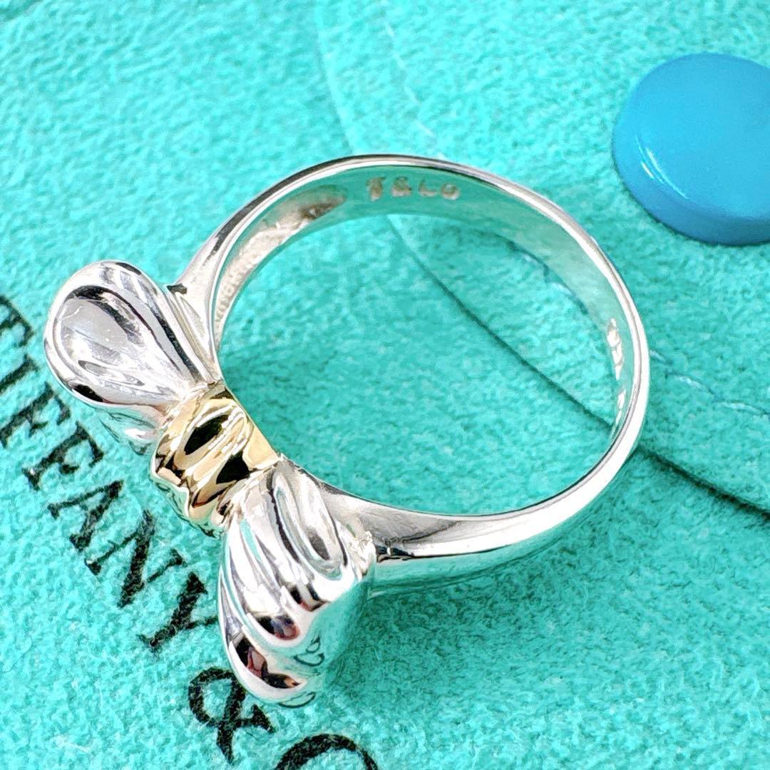 極美品 オールドティファニー リボン コンビ リング 8号 シルバー k18