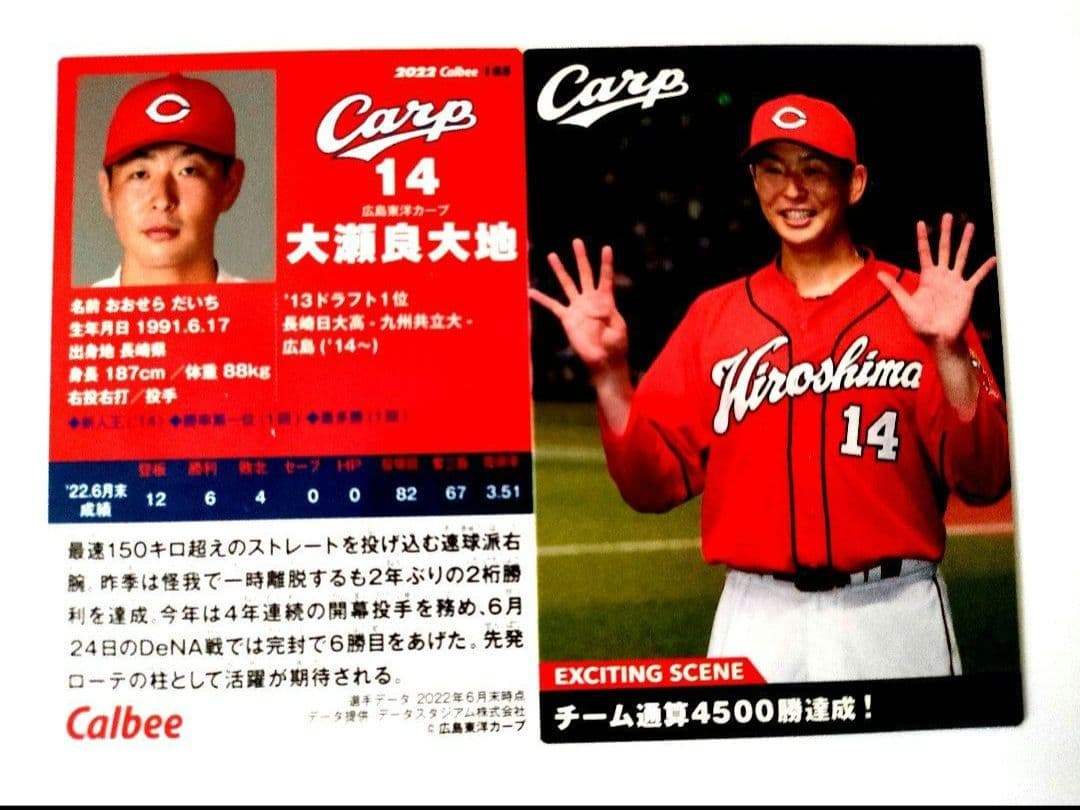 大瀬良大地 2種セット 広島東洋カープ 2022 プロ野球チップスカード