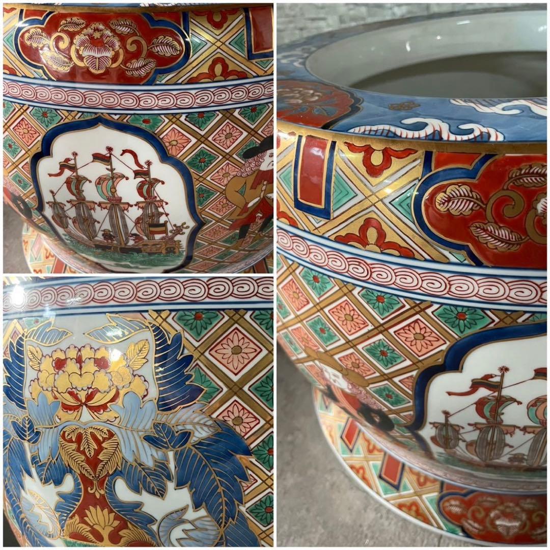 SNT257 極上品 有田焼 松右衛門 作 染錦金彩ラッタン人 南蛮船図火鉢