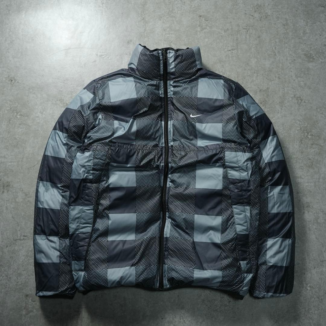 00s NIKE 肉厚ダウンジャケット リバーシブル ブラック チェック柄 短丈