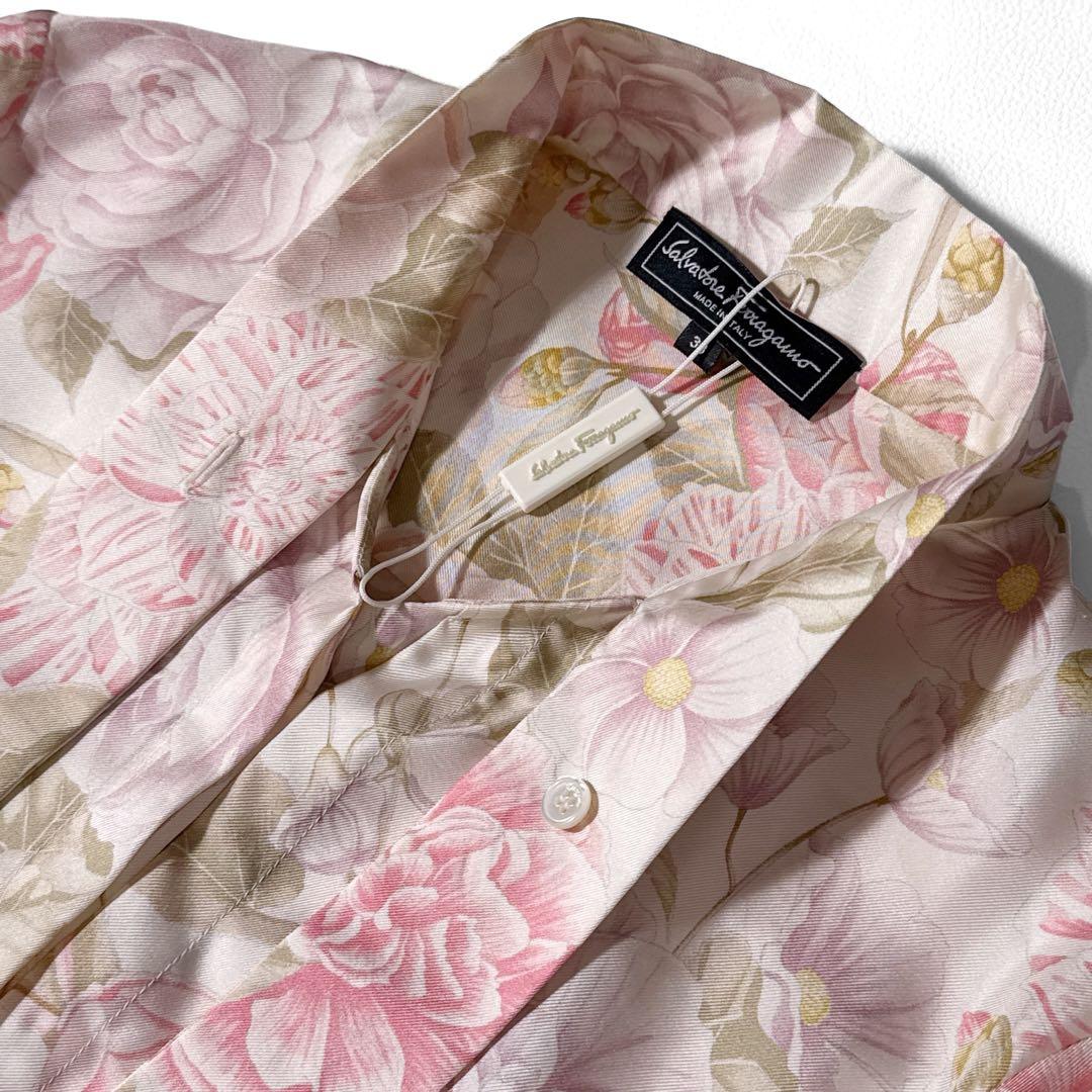 サルヴァトーレフェラガモ 花柄 シルク ボウタイ 長袖 シャツ 絹 38