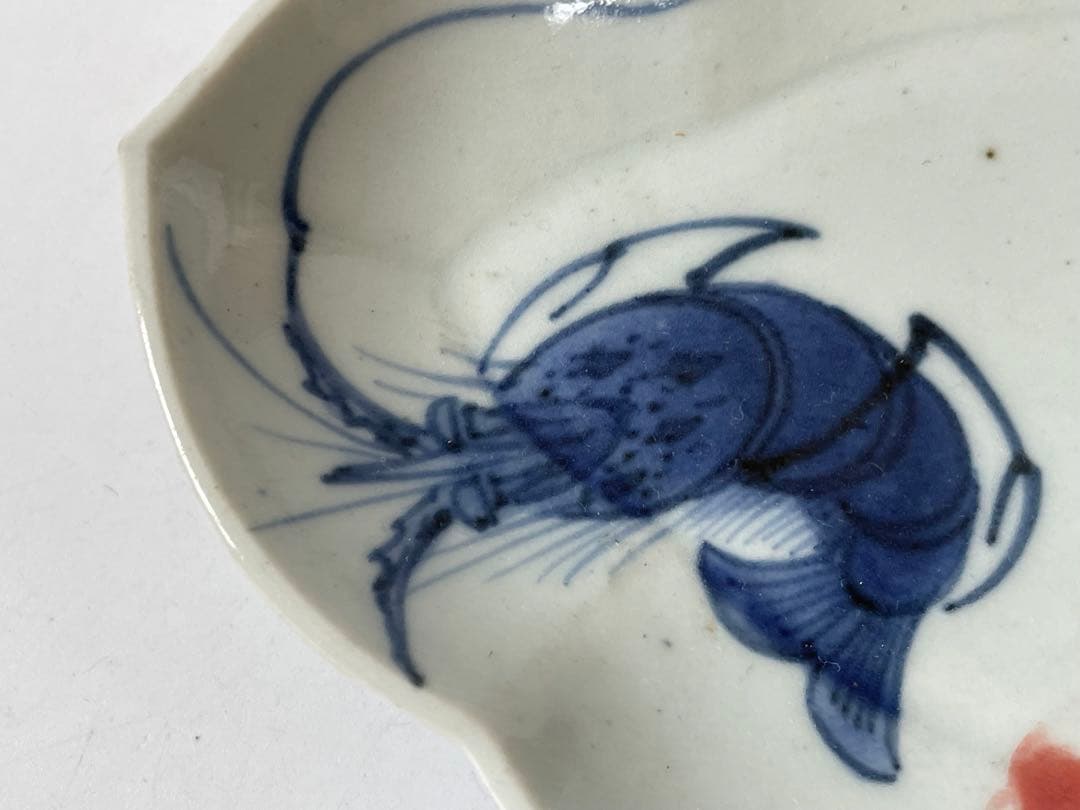 骨董 アンティーク 色絵古九谷 古伊万里 染付 赤絵 海老文様 変形皿 木瓜皿