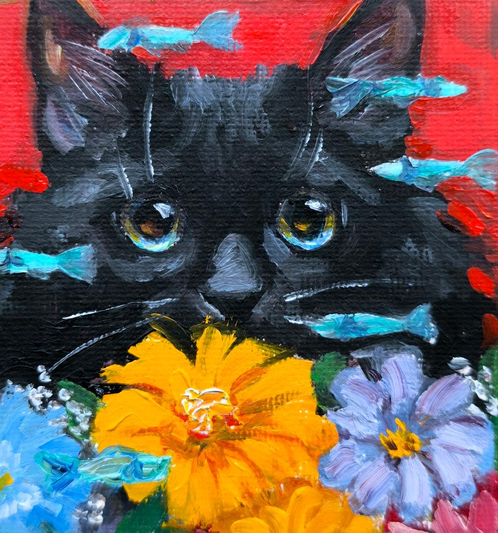 夢見る黒猫」油絵 ミニ絵画 原画 猫 オリジナル 真作 手描き - メルカリ