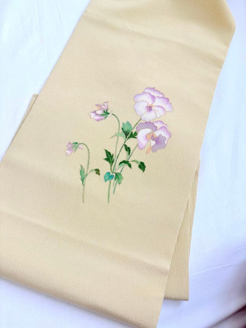 手描きパンジー 鬼しぼ縮緬 九寸名古屋帯 - メルカリ