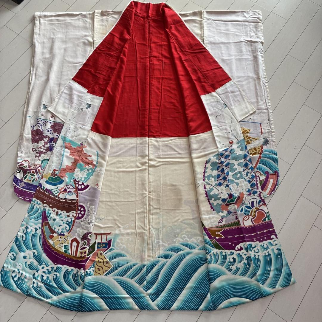 □E5029□アンティーク□正絹縮緬□大正ロマン 五つ紋 宝船と鶴柄 袷
