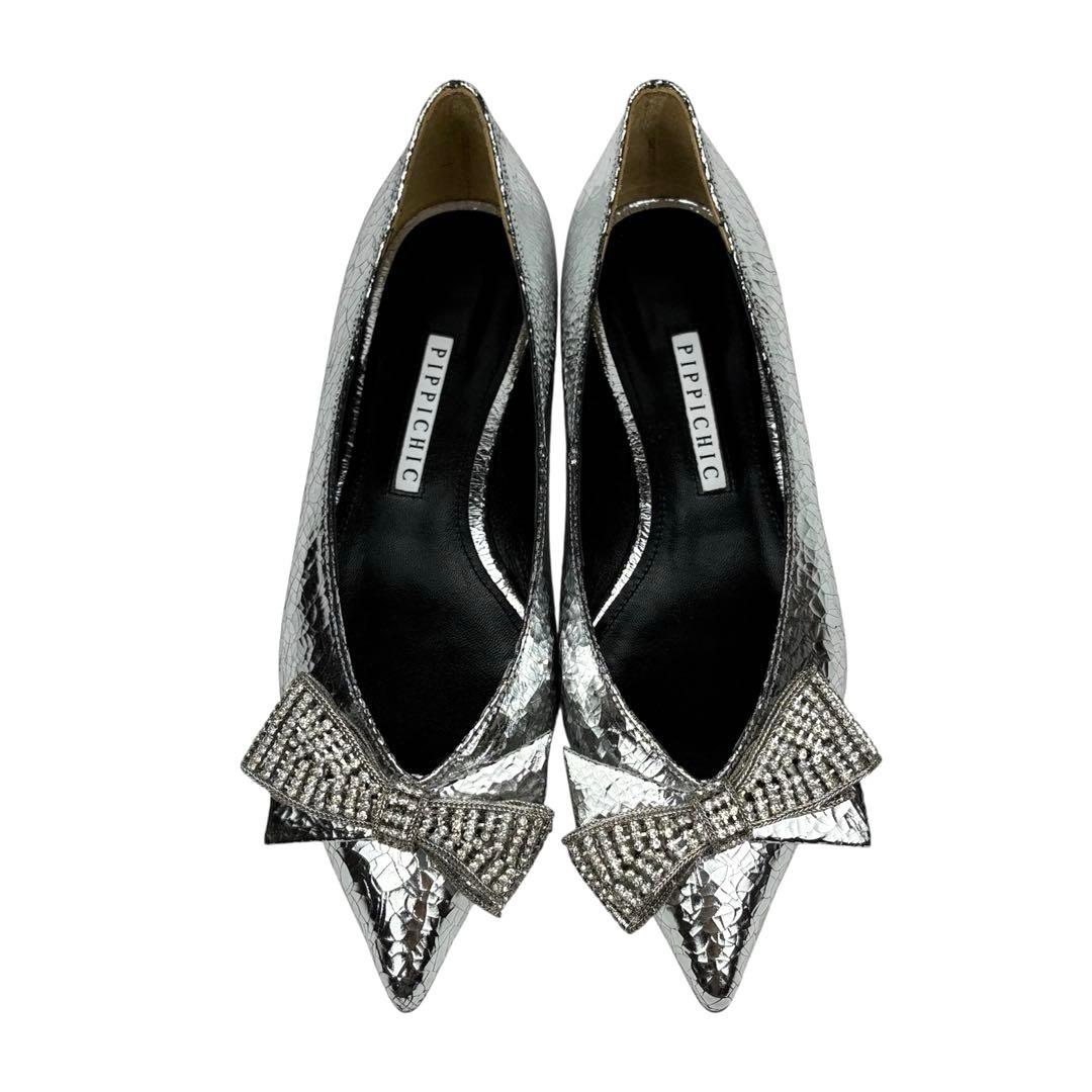 ✨新品同様✨ピッピシック　ビジュー　リボン　フラット　シルバー　24.5cm