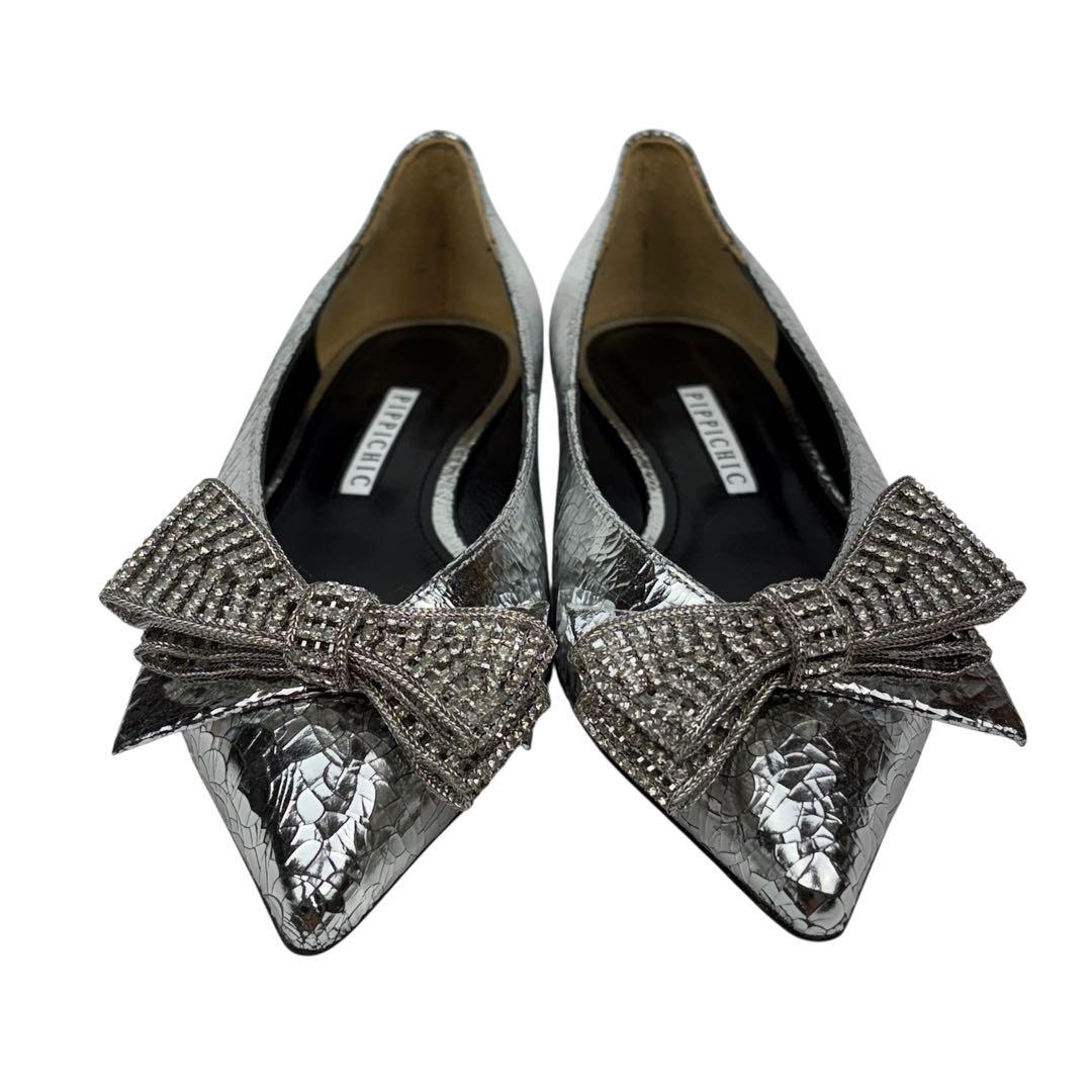 ✨新品同様✨ピッピシック　ビジュー　リボン　フラット　シルバー　24.5cm