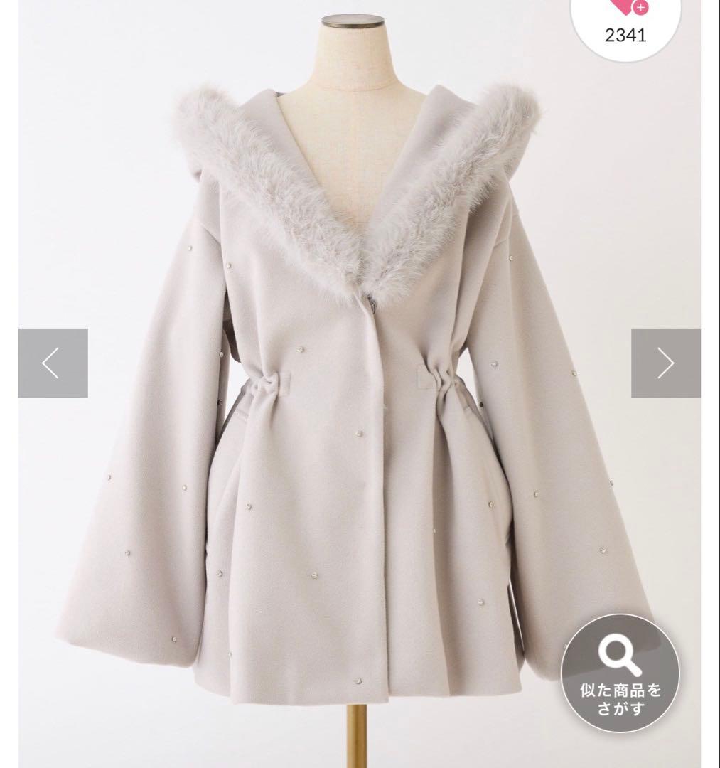 ナイスクラップ NICE CLAUP フードフェイクファービジューミドルコート