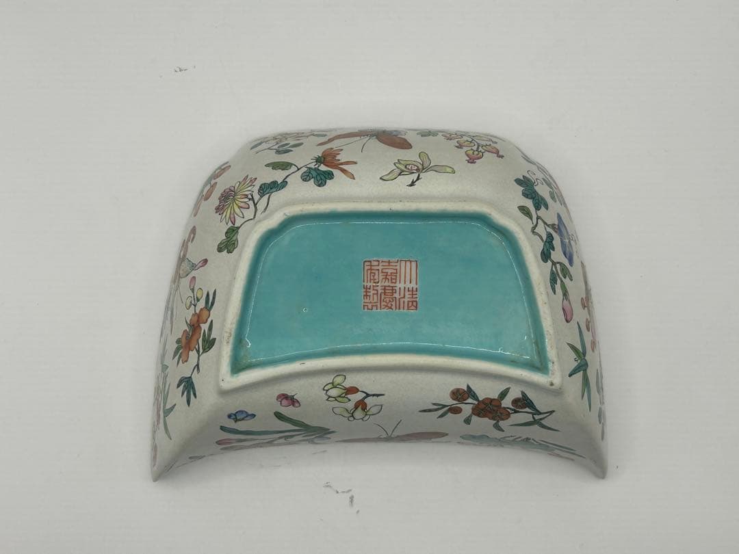 中国 清時代 官窯 大清嘉慶年製 粉彩花卉胡蝶紋馬蹄型碗 送料込み0927