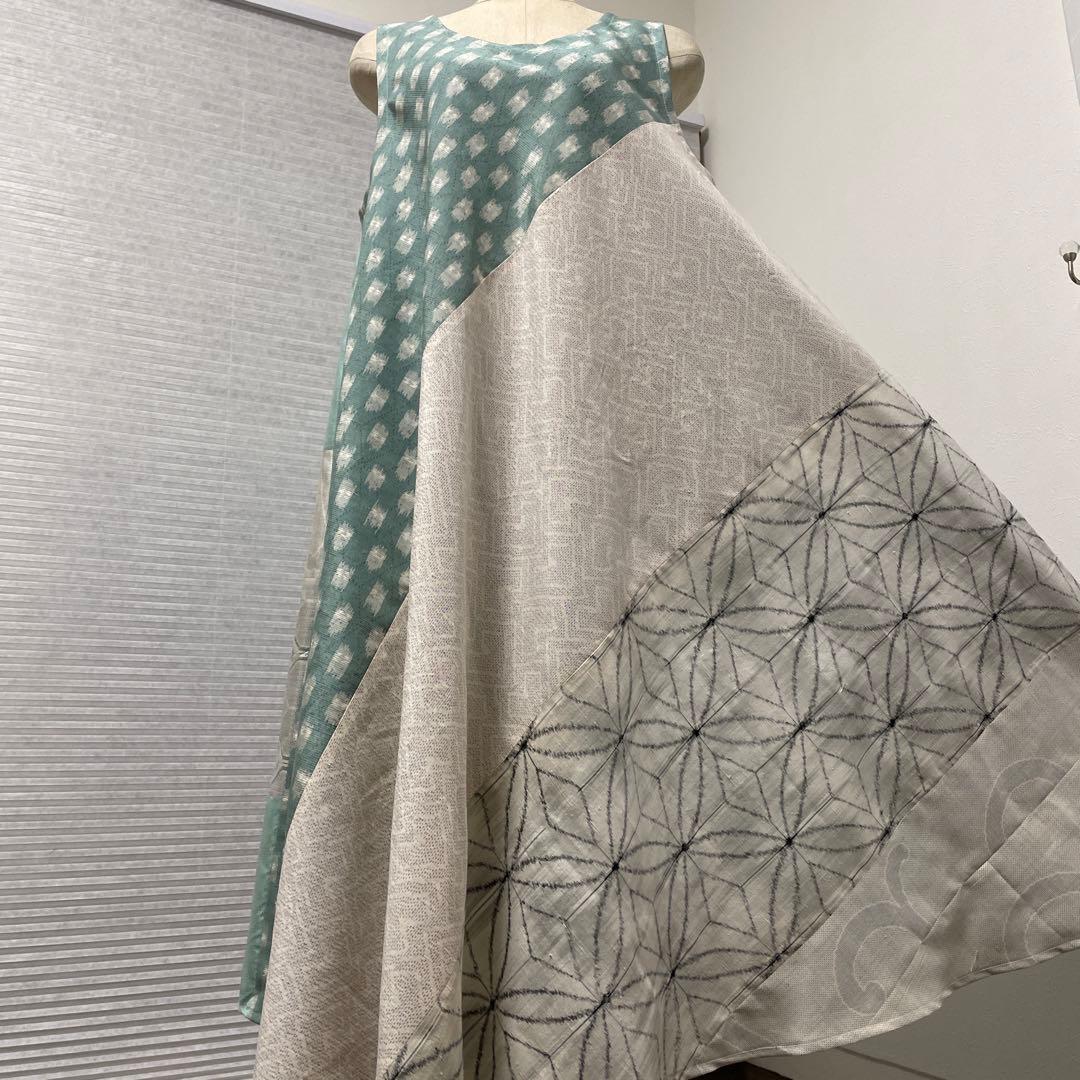 着物ワンピーステントラインロング丈《10》大島紬［都喜ヱ門&白大島］や紬L〜