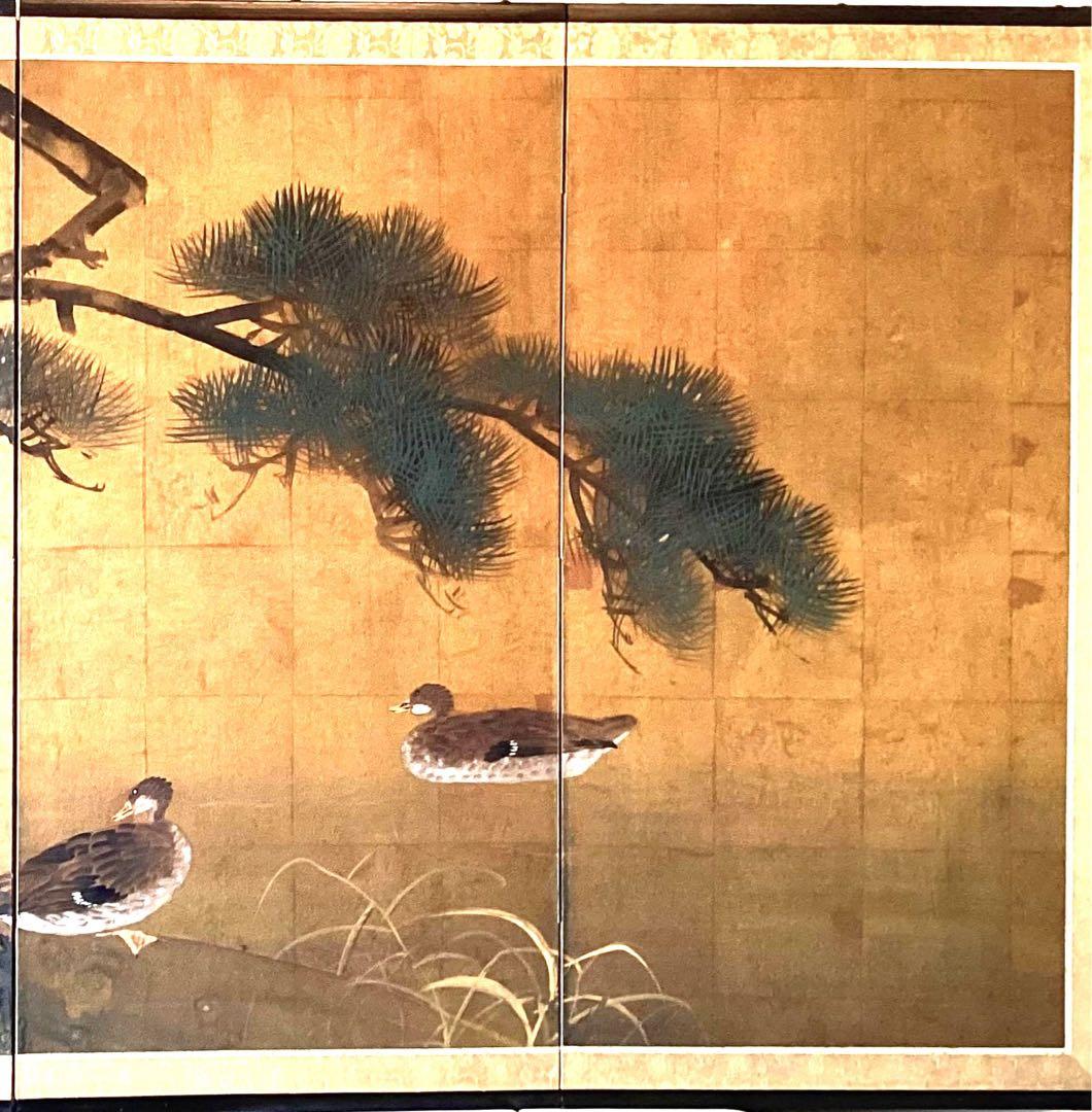 四つ折り屏風 日本画 金箔彩色 松に鴨