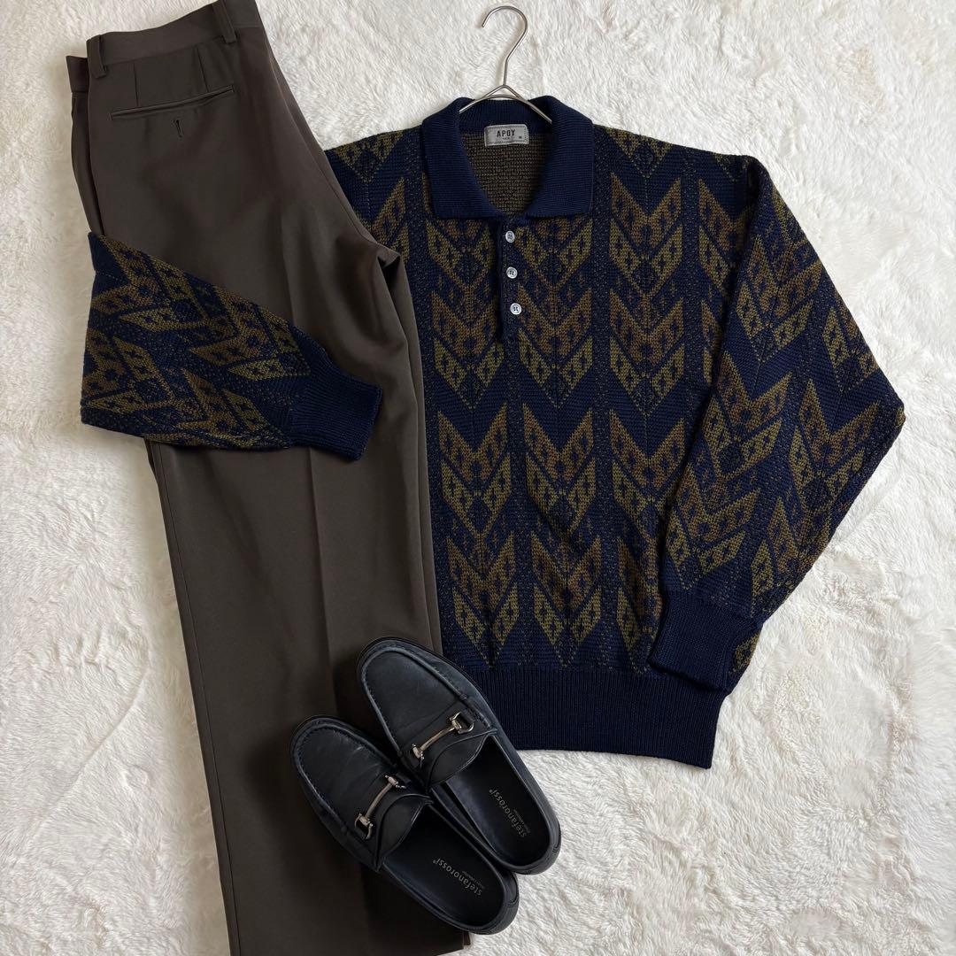 ポロニット 幾何学模様総柄 ハーフボタン 襟袖裾切替 太アーム ユニ