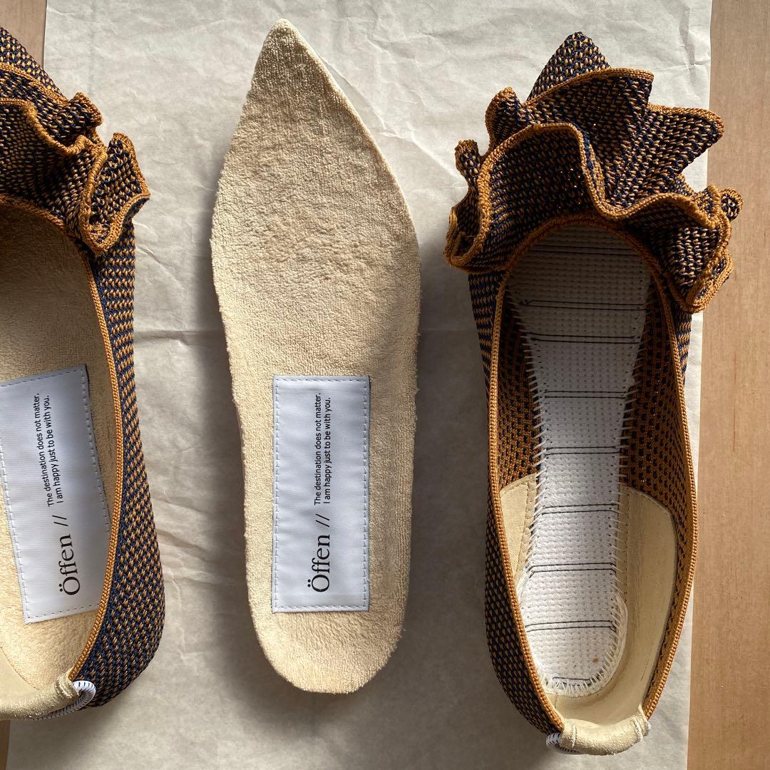 オッフェン　öffen　フラット　フリル　キャメル&ネイビー　23.5cm