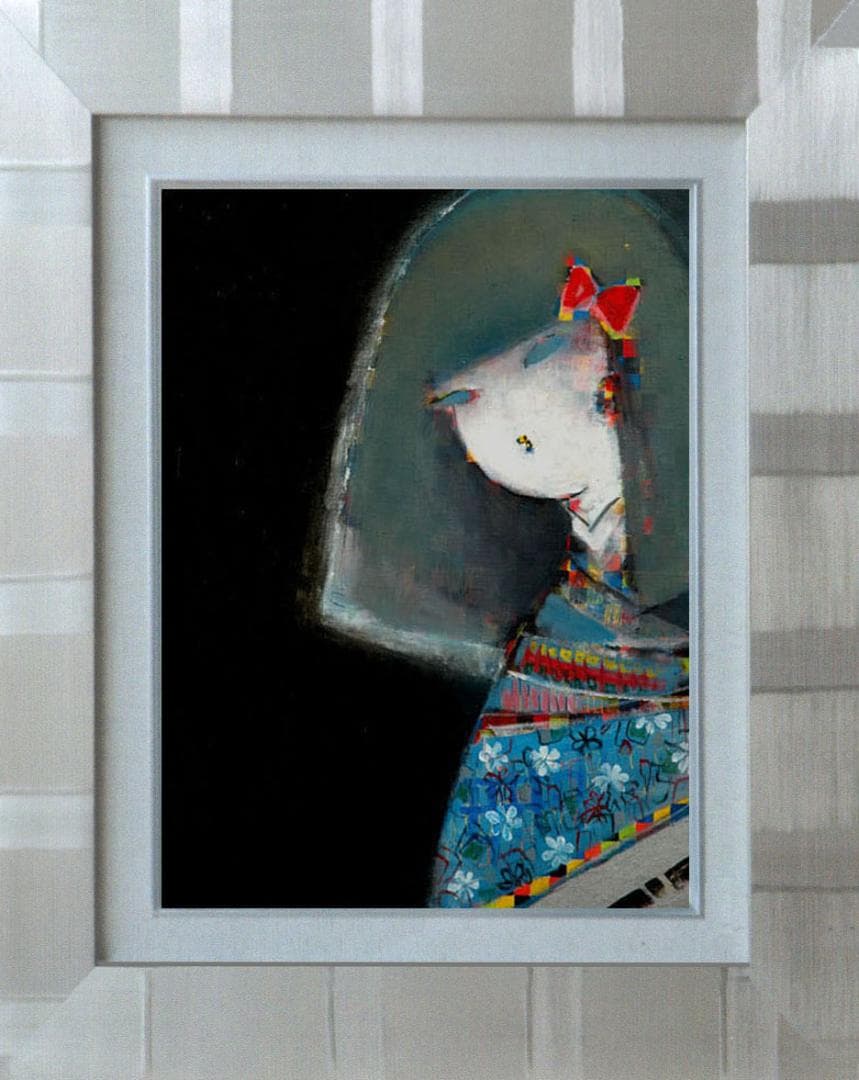 油絵 菅家令子絵 絵画インテリア額付(青緑＋金色の枠)F6-083111