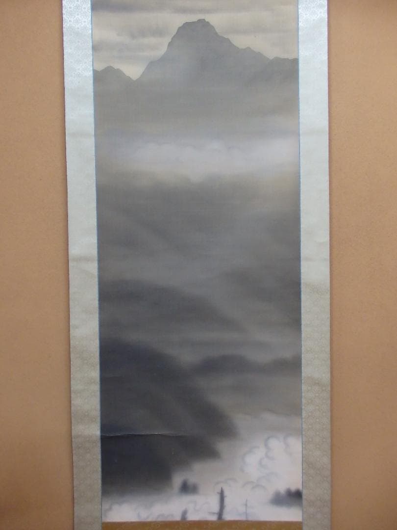 日本画家 吉原芳仙 墨画『ヒマラヤ.雲湧』絹本 掛け軸 直筆保証