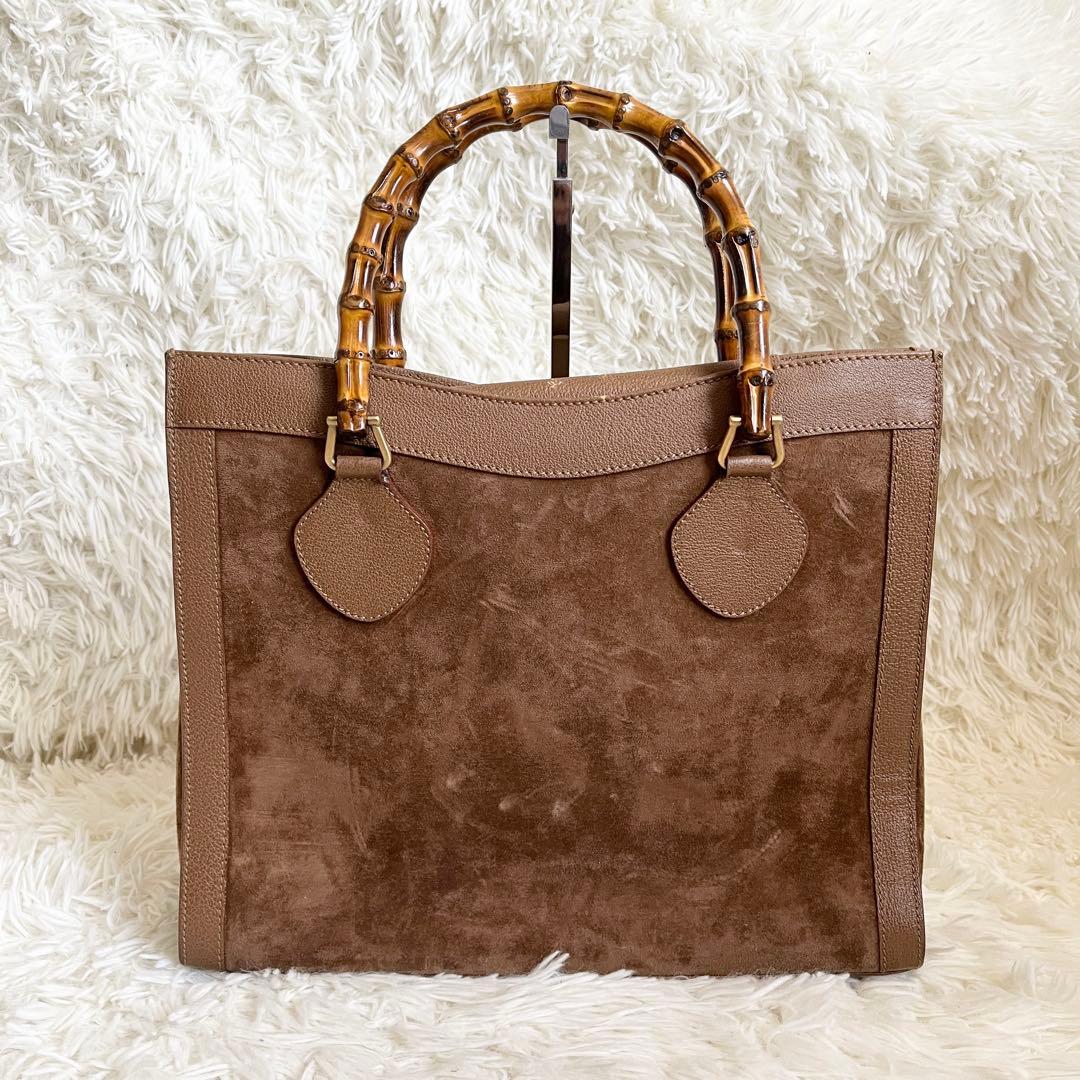 GUCCI ブラウン スエード トートバッグ バンブーハンドル