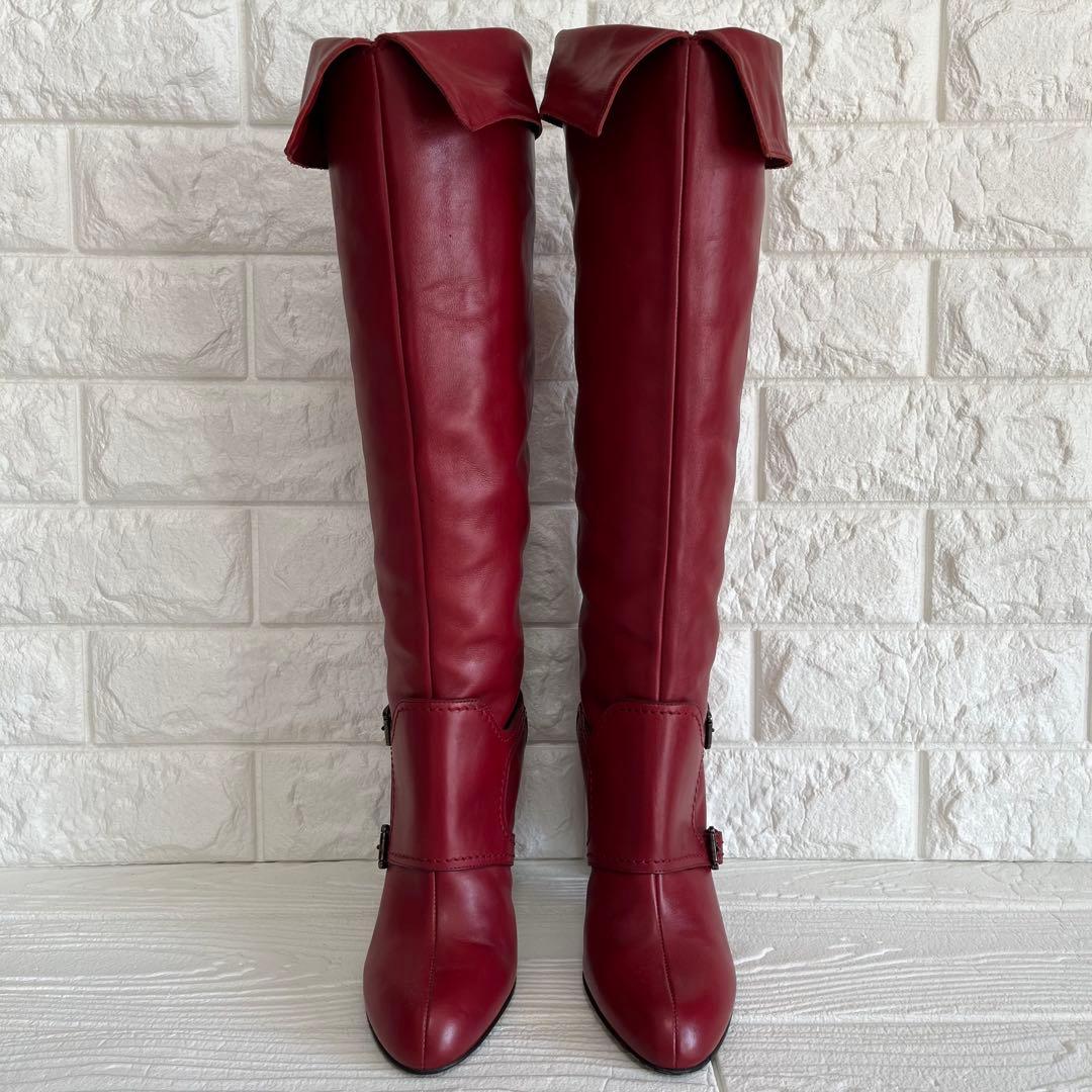 極美品】Sergio rossiレッド 本革ロング ブーツ 22.5ベルト装飾 - メルカリ