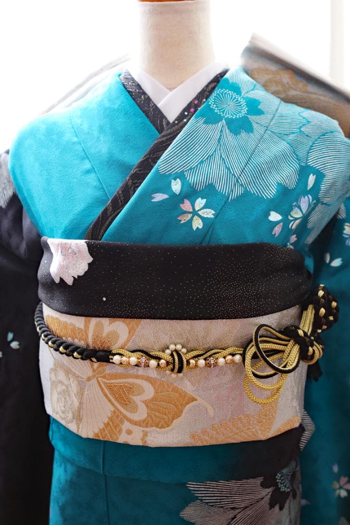 振袖フルセット ターコイズブルー×黒 粋 モダン 大輪花 成人式 - メルカリ