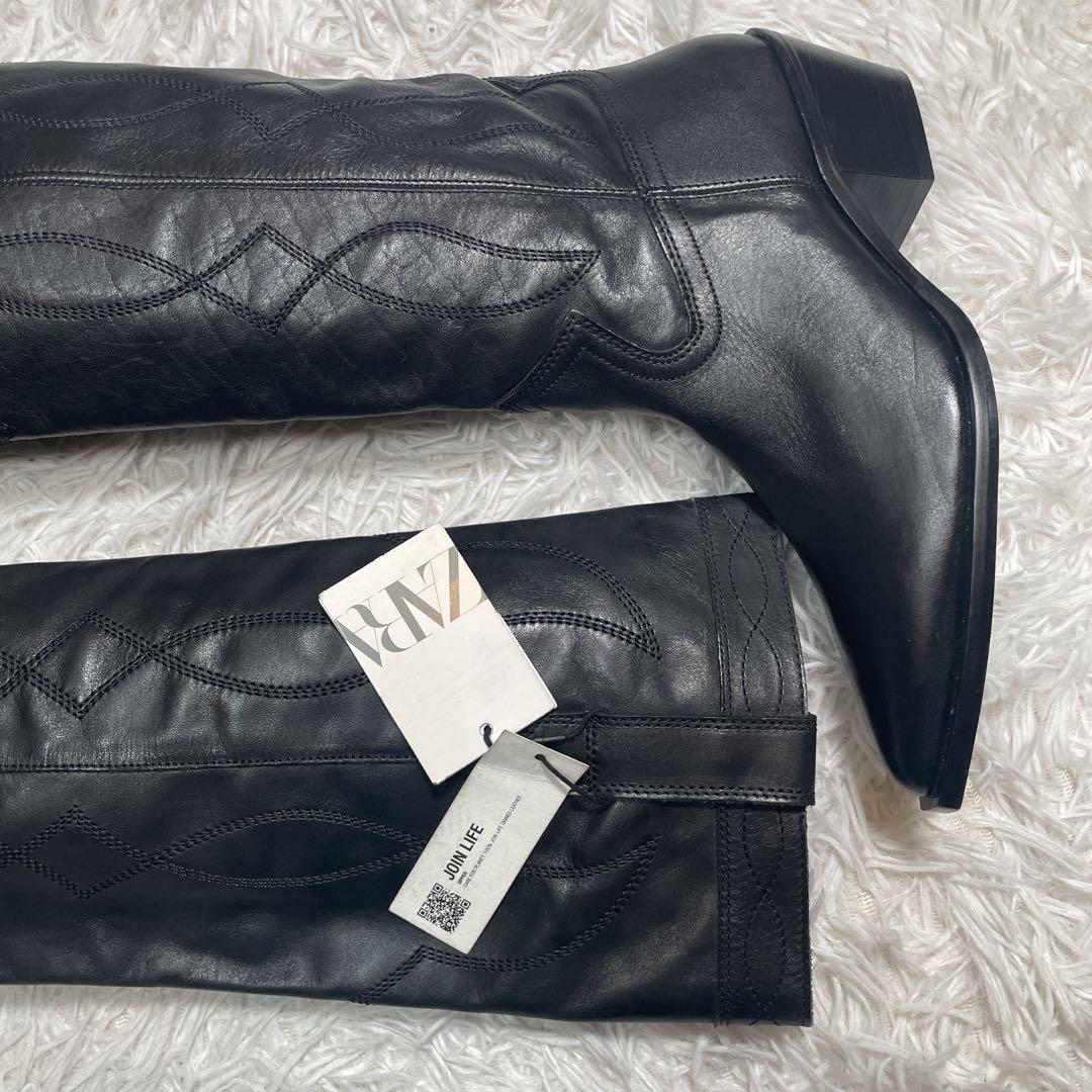 新品　未使用　ZARA ウエスタンブーツ　ロング　レザー　ブラック　25.5cm