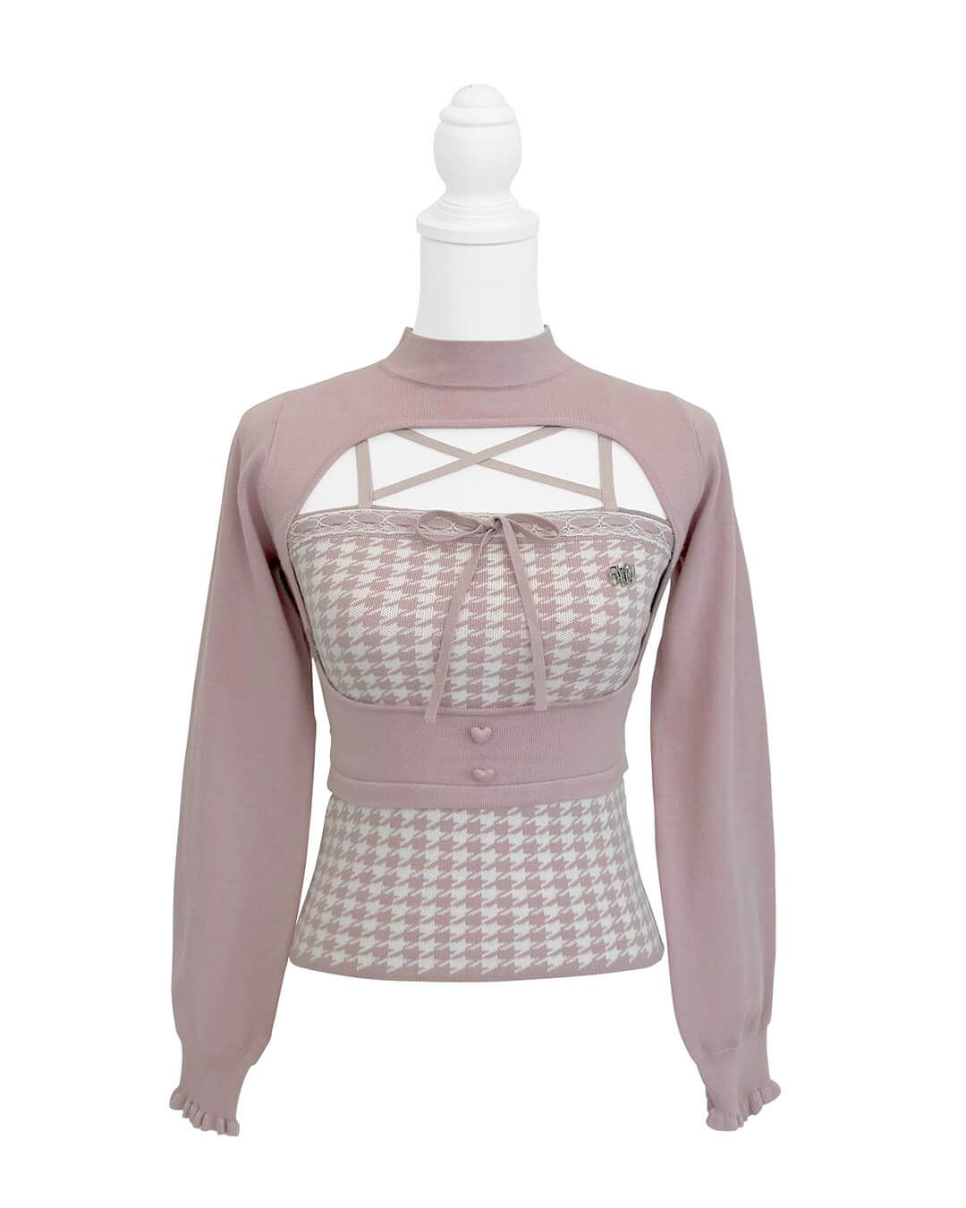 HONEYMEW 千鳥柄ハイネックアンサンブルトップス ブラック フリー