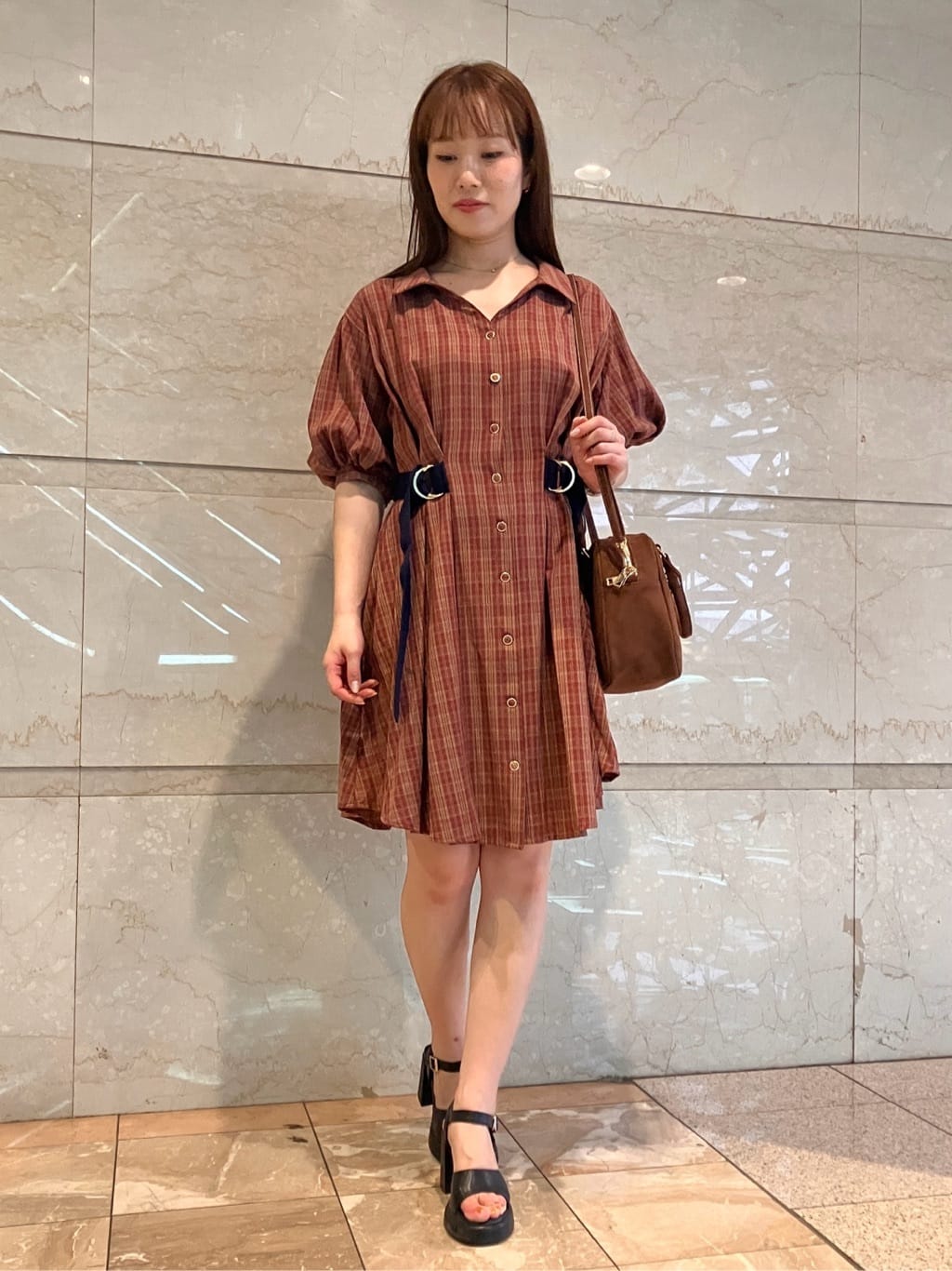 チェックバイカラーウエストベルトシャツワンピース