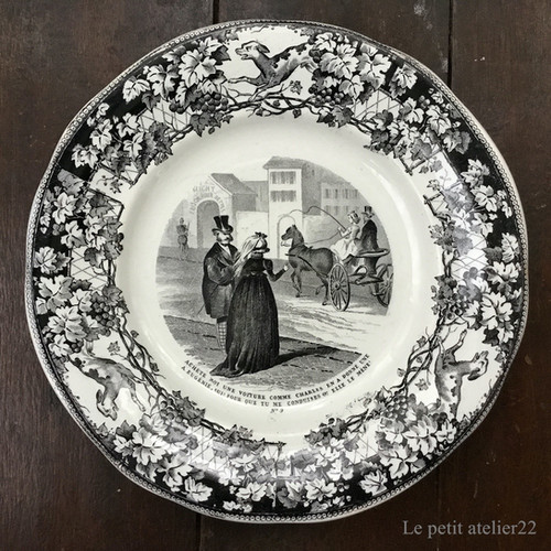 フランス クレイユ エ モントロー アンティーク グリザイユ プレート