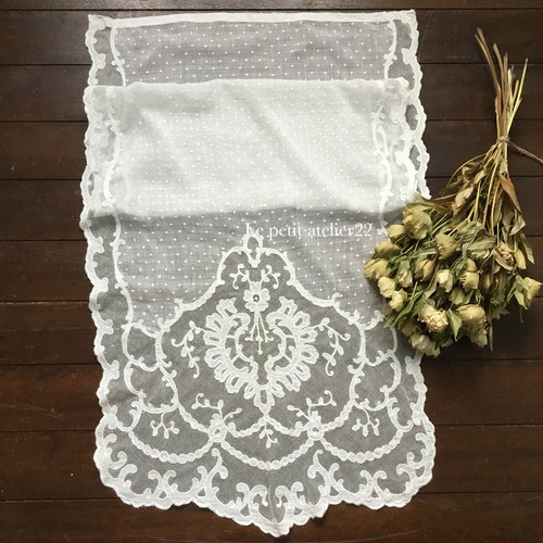 フランス アンティーク レース カーテン ローン＆チュール 刺繍 W 55cm