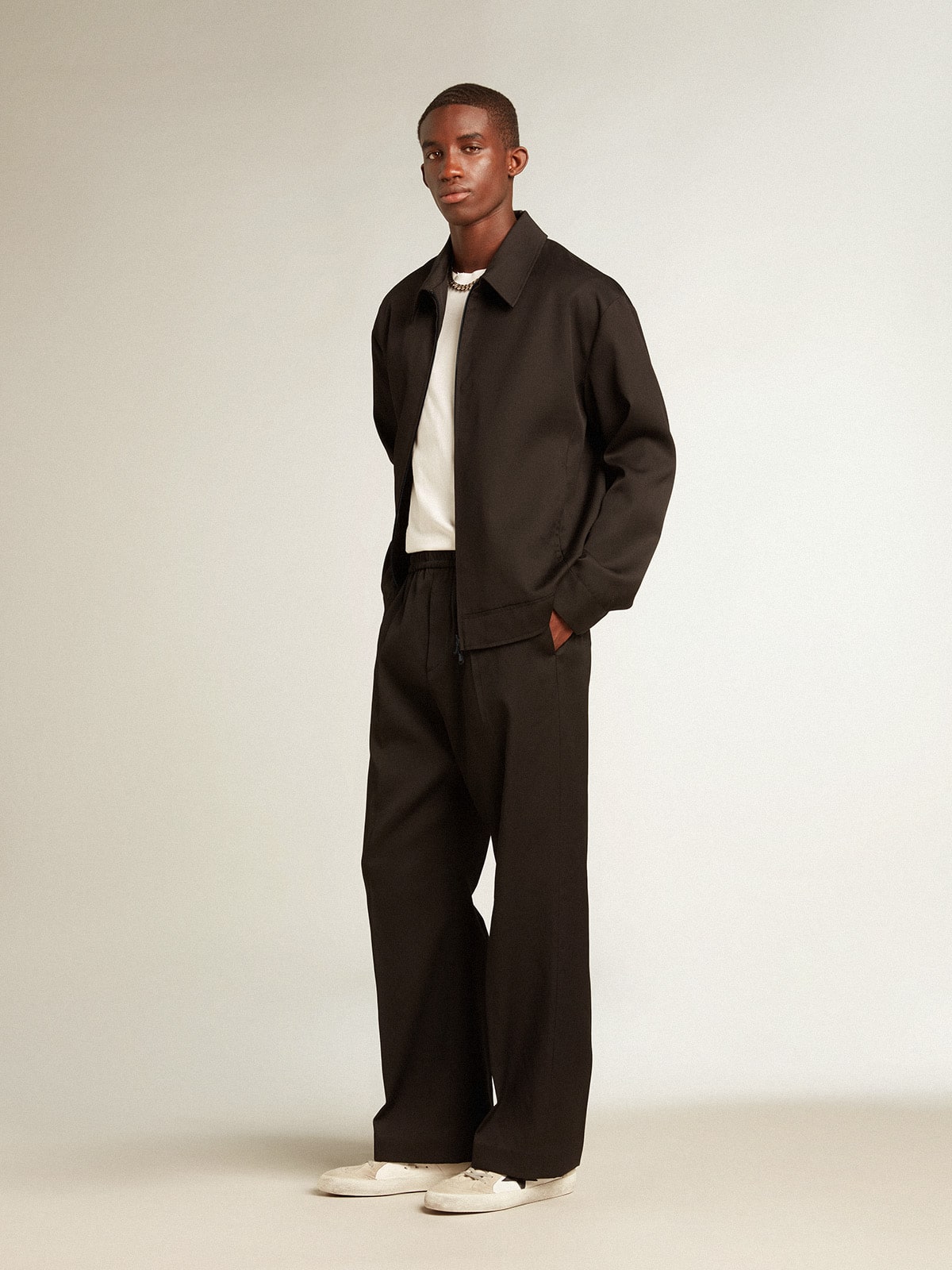 Men's zip-up jacket in black wool gabardine