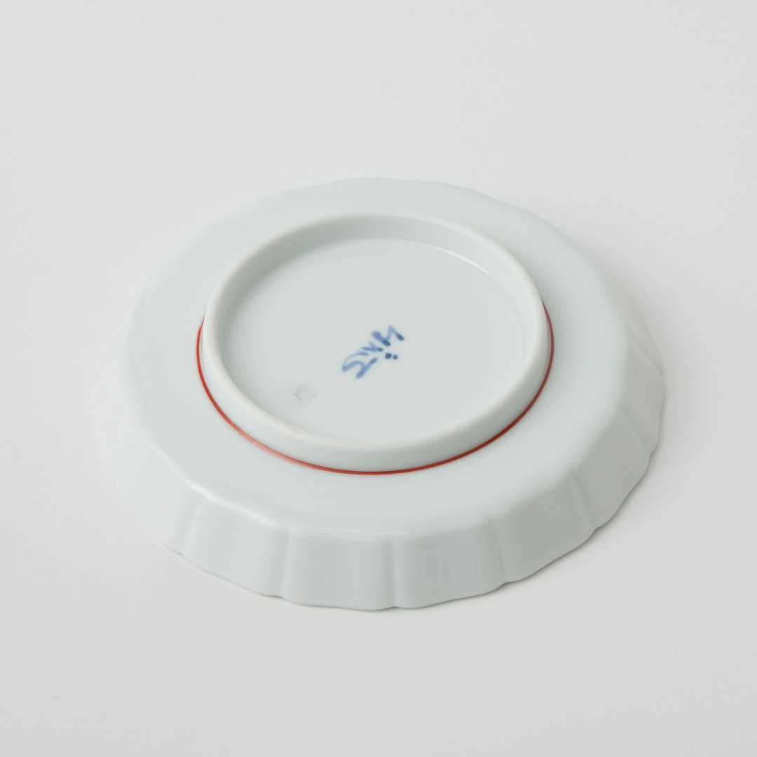 与山窯 桔梗渕4.5寸皿 赤絵花弁富士山図 -ハレの日の席を彩り豊かに