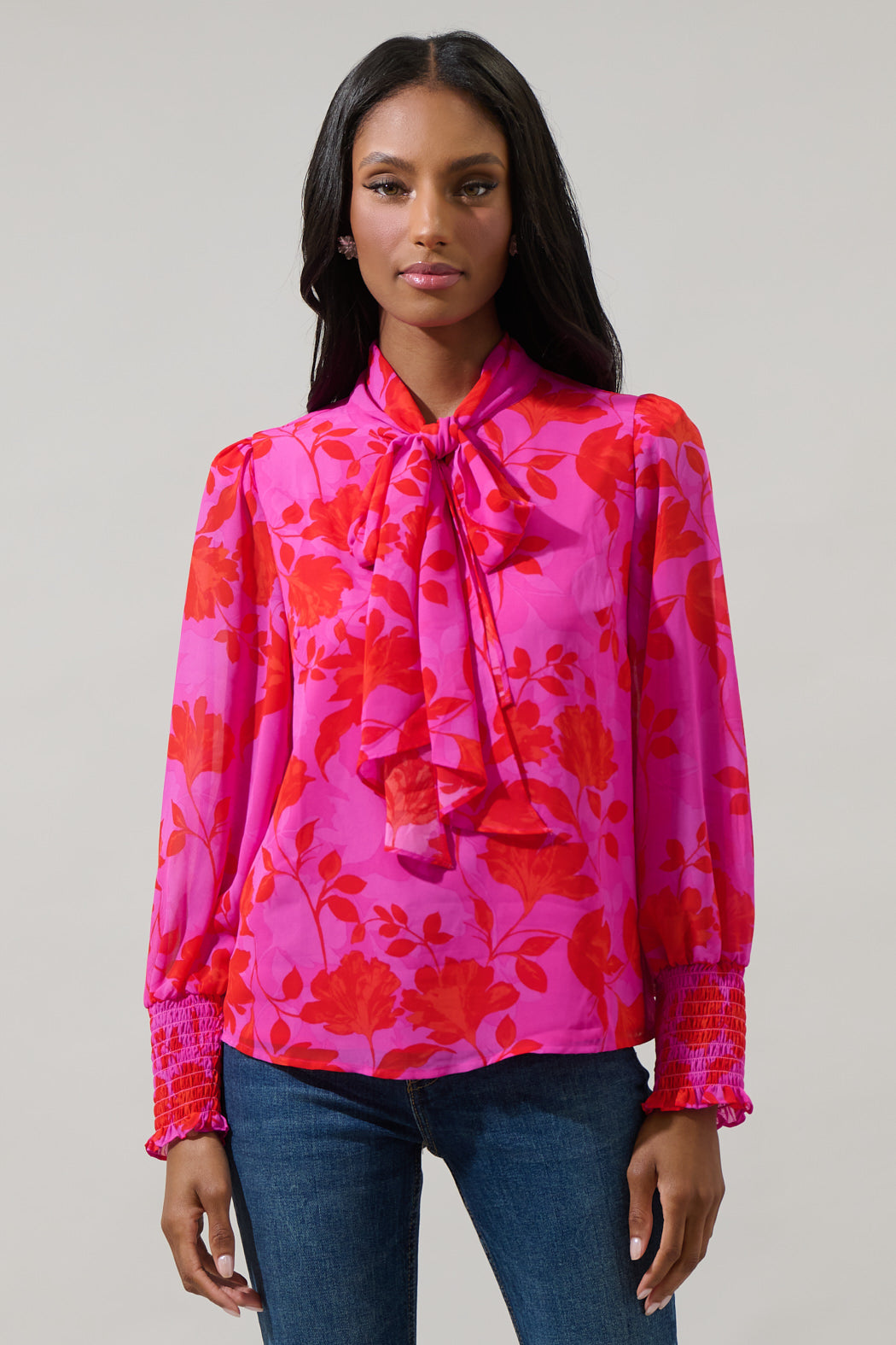 Kensie Floral Etienne Tie Neck Long Sleeve Blouse – Sugarlips